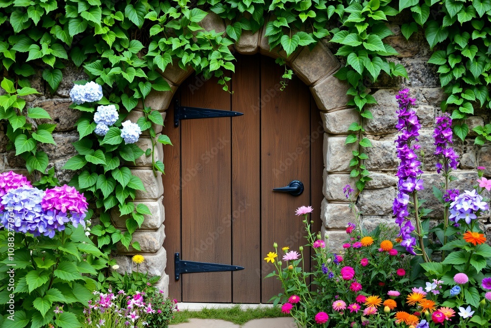 Whimsical Stone Wall with Wooden Door and Flowers.generative AI
Whimsical Stone Wall with Wooden Door and Flowers.generative AI