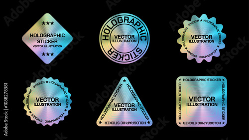 Premium Holographic Sticker and Label Set in Various Shapes: Square, Diamond, Triangle, Flower, and Circle. Vector Illustrations for Design Mockups