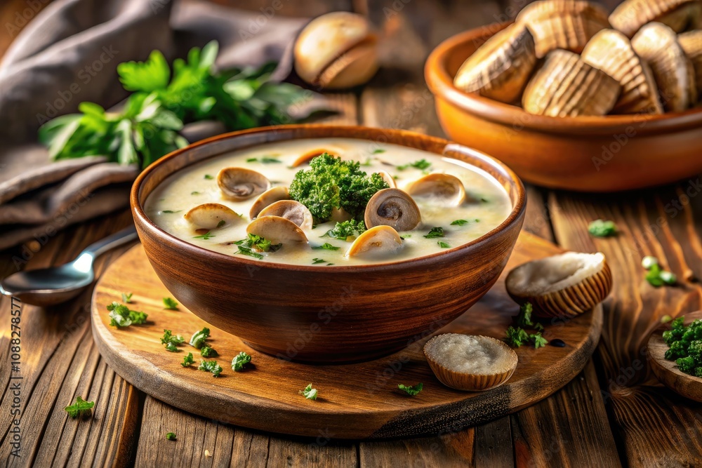 Creamy Clam Chowder in a Rustic Bowl with Fresh Herbs and Crackers - Comfort Food, Seafood Delight, Cozy Dining Experience Creamy Clam Chowder in a Rustic Bowl with Fresh Herbs and Crackers - Comfort Food, Seafood Delight, Cozy Dining Experience