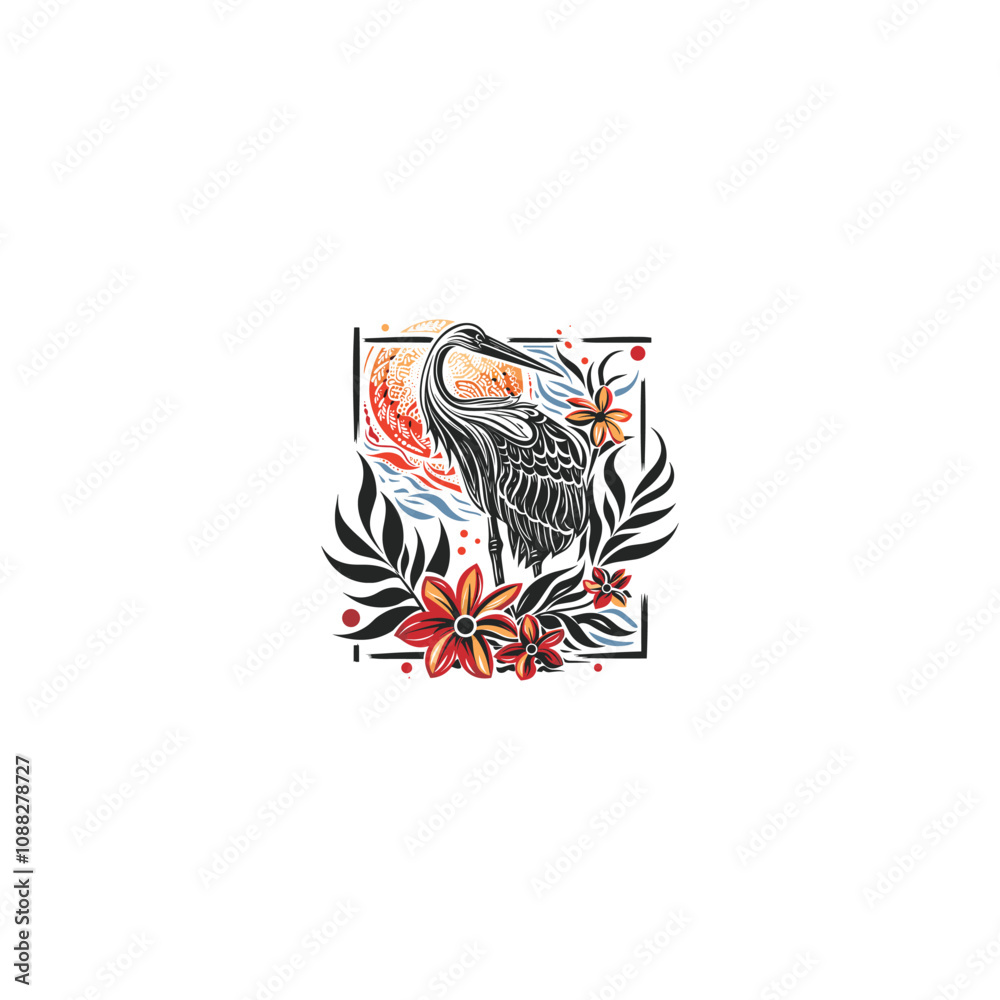 Fototapeta premium Heron with floral ornament logo design vector illustration