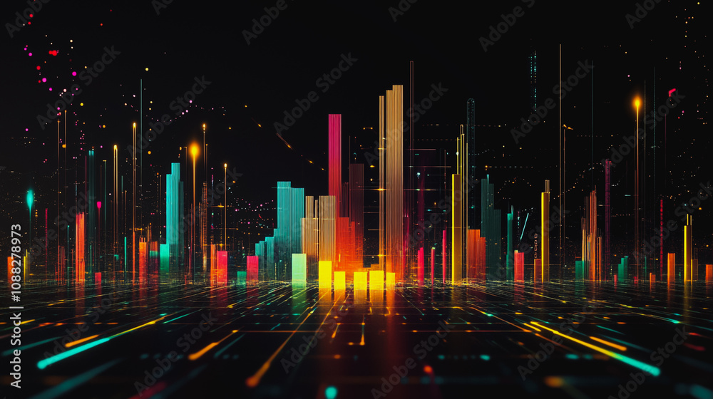 Abstract black background with 3D Colorful charts and graphs with statistics to innovative analyze business potential and forecast future development of companies growth.