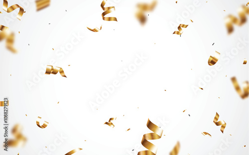 Gold confetti and ribbon background, isolated on transparent background