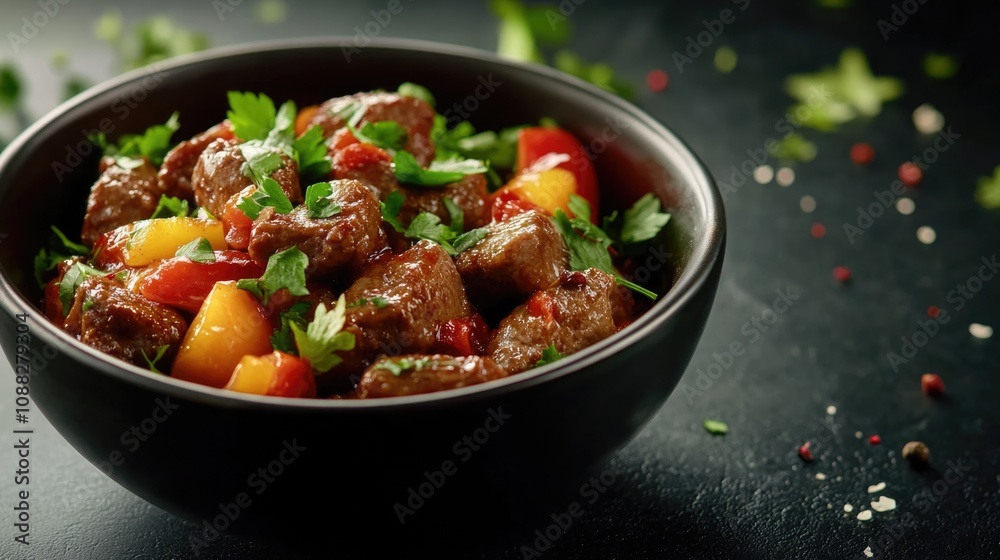 Black Bowl with Meat and Vegetables
