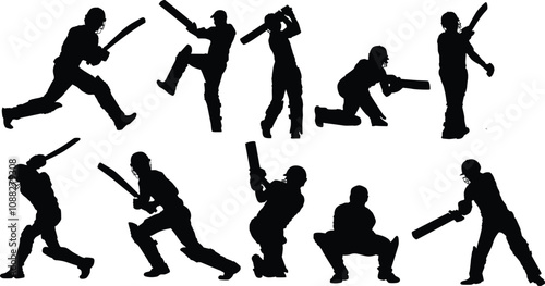 Set of cricket player pose silhouette illustration