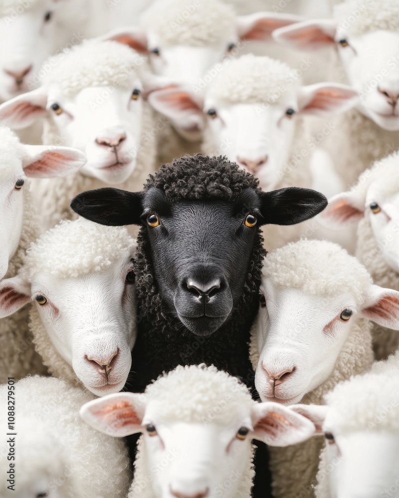 Obraz premium A striking image of a black sheep surrounded by white sheep, symbolizing individuality and standing out from the crowd.