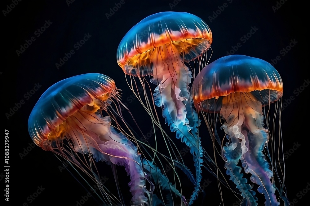 Colorful jelly fish in the dark background Colorful jelly fish in the dark background