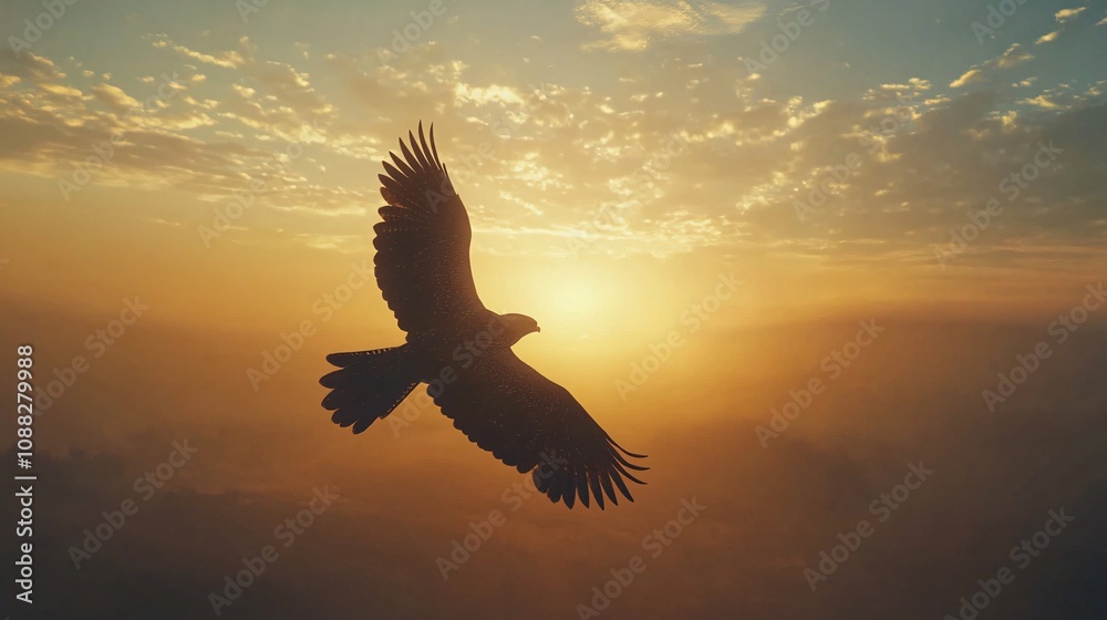 Obraz premium A majestic falcon flying high in the dynamic sky during sun rise time, natural lighting,