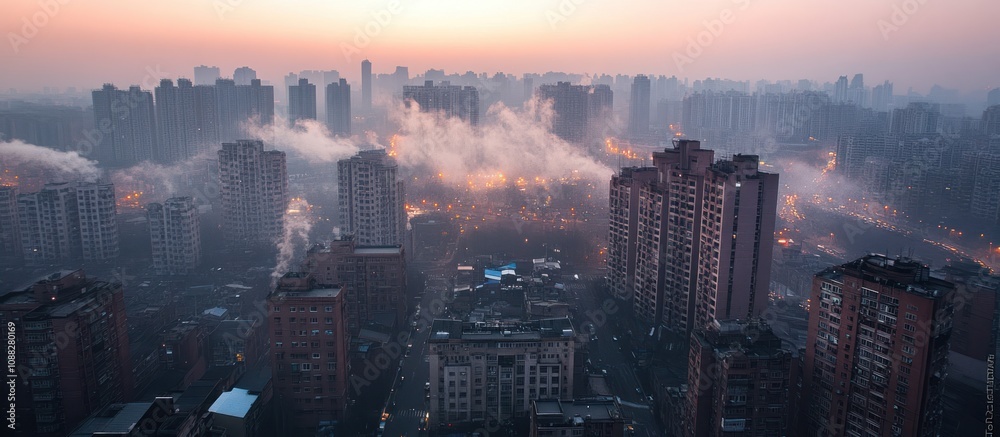 Fototapeta premium A misty sunrise over a city skyline with tall buildings and fog.