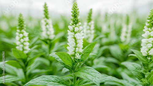 horticulture botany and techniques, A field of vibrant green plants showcasing tall white flowers, creating a serene and lush landscape.