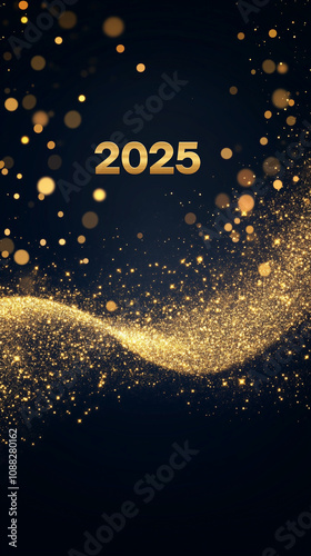 2025 Happy New Year Abstract shiny Gold glitter wave with Bokeh design element