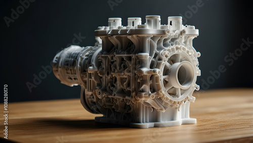 An engine prototype consisting of melted white plastic was printed using a working surface 3D printer. model in three dimensions. addition-based progressive modeling. modern, emerging printing industr photo