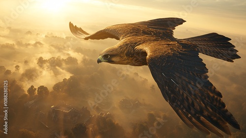 A majestic falcon flying high in the dynamic sky during sun rise time, natural lighting,