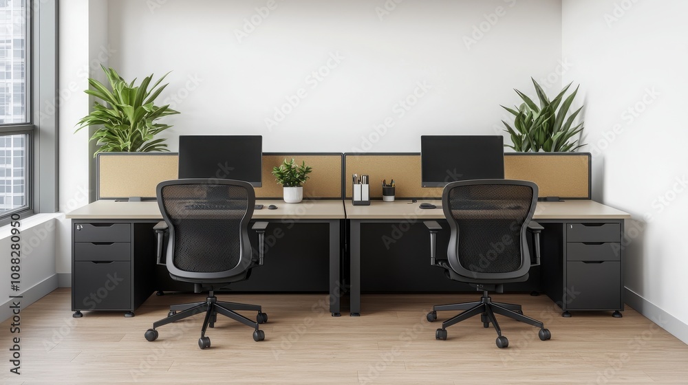 SEO Content Trends Concept. A modern office workspace featuring two ergonomic chairs, dual computer stations, and indoor plants, promoting a productive work environment. SEO Content Trends Concept. A modern office workspace featuring two ergonomic chairs, dual computer stations, and indoor plants, promoting a productive work environment.