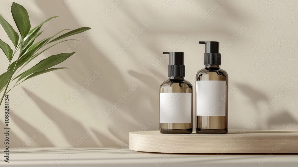 Two amber pump bottles on wood platform, minimalist product photography Two amber pump bottles on wood platform, minimalist product photography