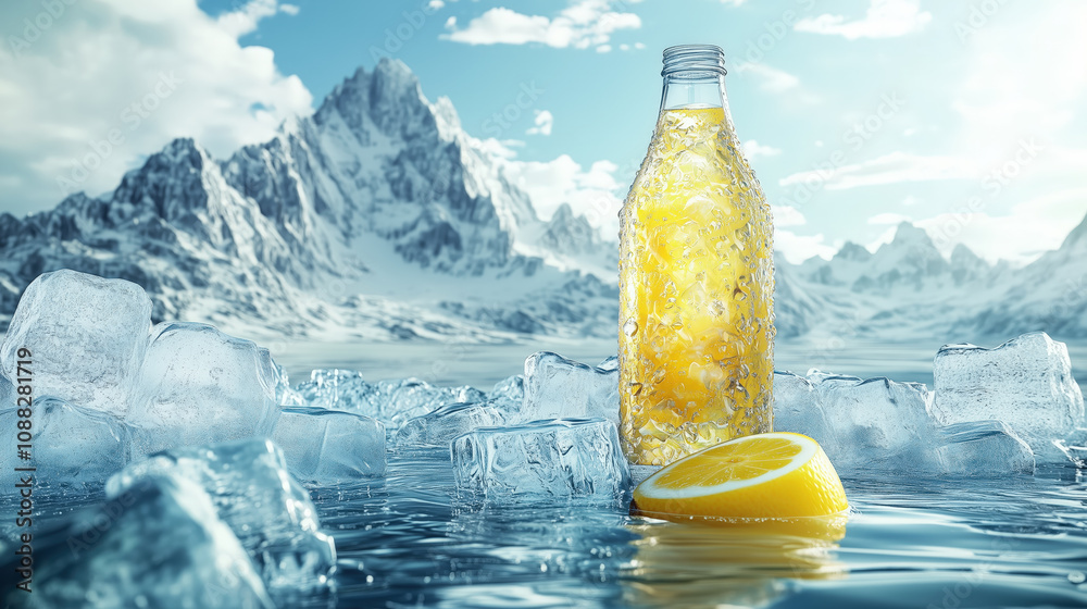 Refreshing water bottle with ice cubes and lemon in nature Refreshing water bottle with ice cubes and lemon in nature