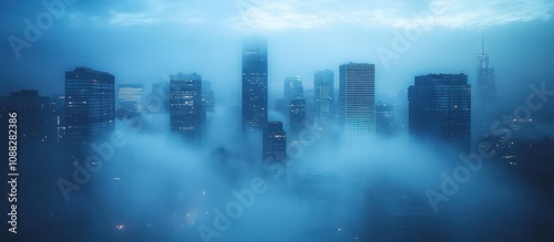 A foggy cityscape with tall skyscrapers.