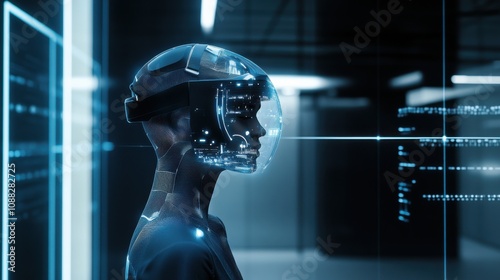 An artificial intelligence-driven virtual assistant interacting with users via holographic interface in a smart office, AI virtual assistant style, photo of photo