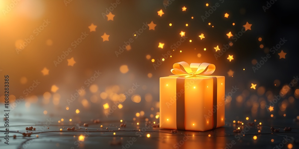 Gift box glowing with fireflies at twilight