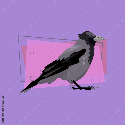 Black and gray craw illustration. Bird, tail, wings. Nature life concept. Vector illustration can be used for topics like nature, animal world, encyclopedia