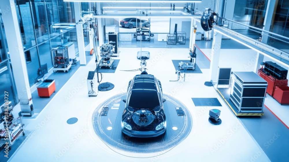Fototapeta premium An autonomous vehicle testing facility, with self-driving cars and advanced sensor systems, Automotive style