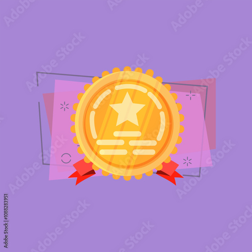 Golden round medal with star illustration. Round, red band, gold. Competition concept. Vector illustration can be used for topics like tournament, competition, winning