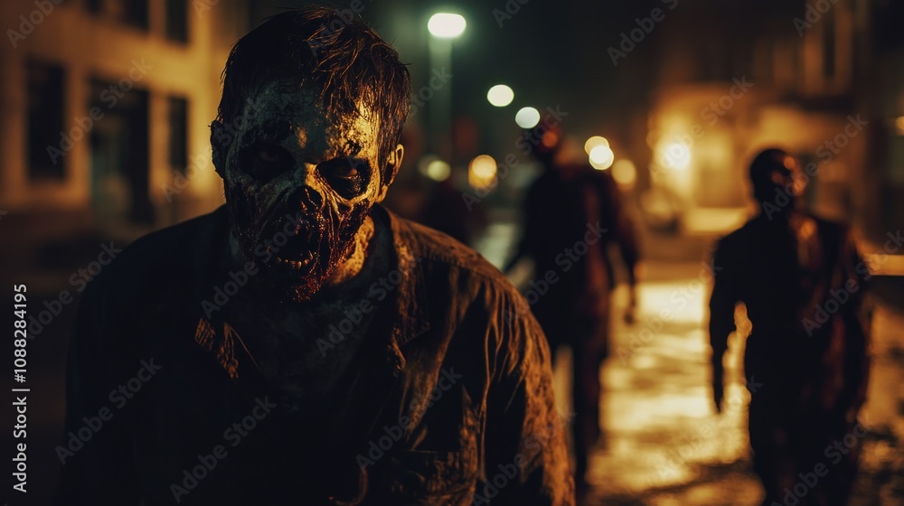 Night of the undead: Zombie horde stalks the city streets under the glow of streetlights. Night of the undead: Zombie horde stalks the city streets under the glow of streetlights.