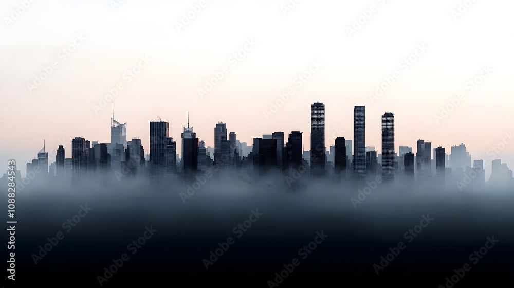 Obraz premium Mysterious Cityscape Drenched in Fog: Capture of Tall Buildings Shrouded in Atmospheric Enigma. Cost of Capital, Valuation, Interest Rate Concept