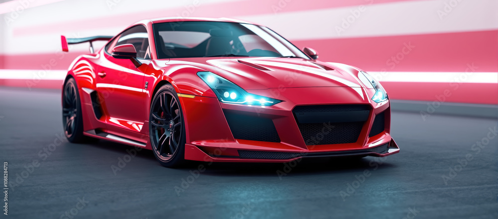 A red sports car wallpaper featuring a stunning neon light effect as the background. A red sports car wallpaper featuring a stunning neon light effect as the background.