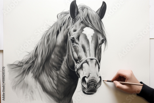 artist drawing horse with pencil on sketchbook photo