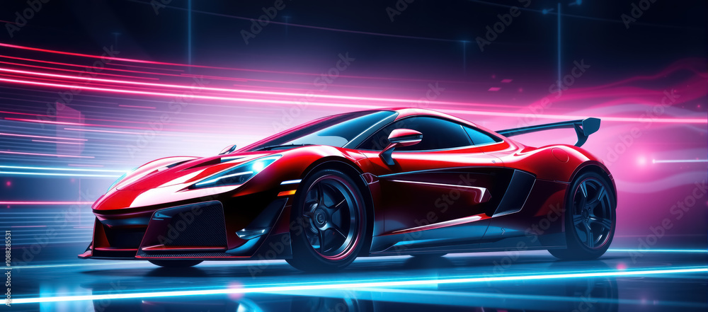 A red sports car wallpaper featuring a stunning neon light effect as the background. A red sports car wallpaper featuring a stunning neon light effect as the background.