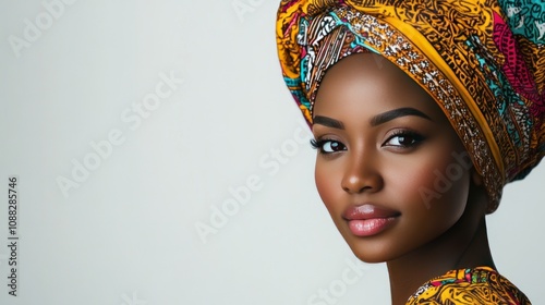 A black woman in colorful ethnic clothing with intricate patterns on her headdress. The white background emphasizes the beauty and delicacy of the traditional style. photo