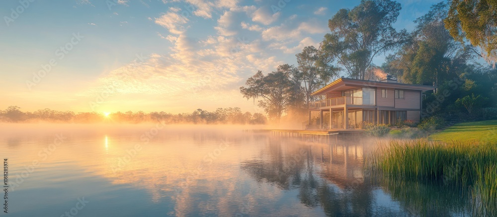 Fototapeta premium Modern lake house with misty sunrise and reflection.