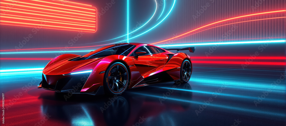 A red sports car wallpaper featuring a stunning neon light effect as the background. A red sports car wallpaper featuring a stunning neon light effect as the background.