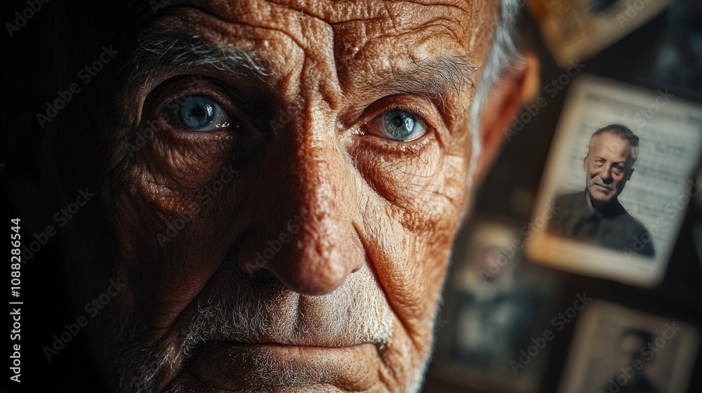 Close-up of an old man's face, the wrinkles telling a story, against a background filled with nostalgic elements such as a black and white family photo and old newspaper clippings, conveying a life fi Close-up of an old man's face, the wrinkles telling a story, against a background filled with nostalgic elements such as a black and white family photo and old newspaper clippings, conveying a life fi