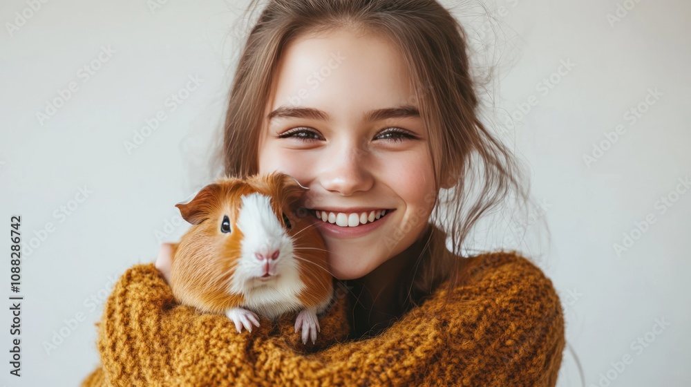 Girl with her guinea pig, smiling brightly, holding it close, dressed casually, white background Girl with her guinea pig, smiling brightly, holding it close, dressed casually, white background