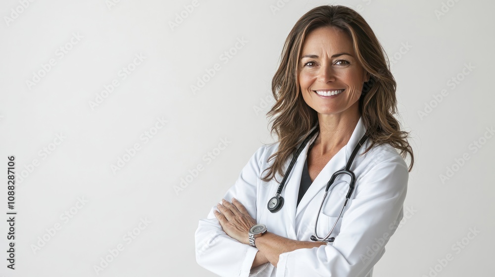 Female doctor in a white lab coat, stethoscope around her neck, smiling confidently, arms crossed, isolated on white background Female doctor in a white lab coat, stethoscope around her neck, smiling confidently, arms crossed, isolated on white background