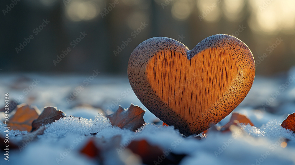 Fototapeta premium wooden heart rests on vibrant winter foliage, symbolizing love, warmth, and connection amidst the cold and snow, evoking a sense of peace and serenity in a winter wonderland setting