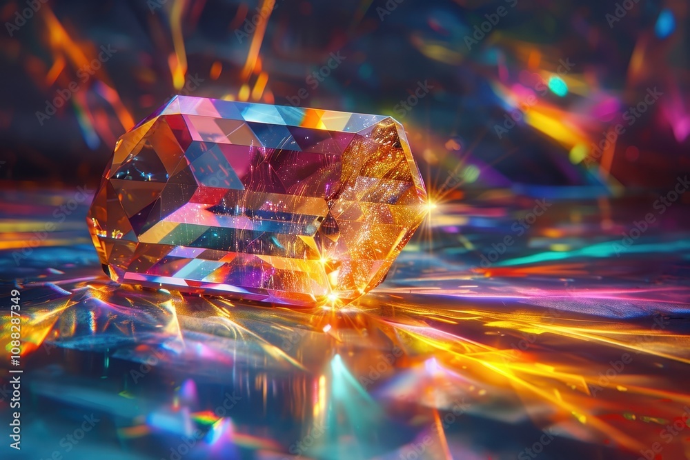 A striking crystal refracts colorful light, creating a vibrant spectrum of hues on a reflective surface. A striking crystal refracts colorful light, creating a vibrant spectrum of hues on a reflective surface.