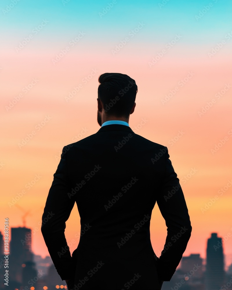 A silhouette of a man in a suit gazing at a colorful sunset over a city skyline, embodying contemplation and ambition. A silhouette of a man in a suit gazing at a colorful sunset over a city skyline, embodying contemplation and ambition.