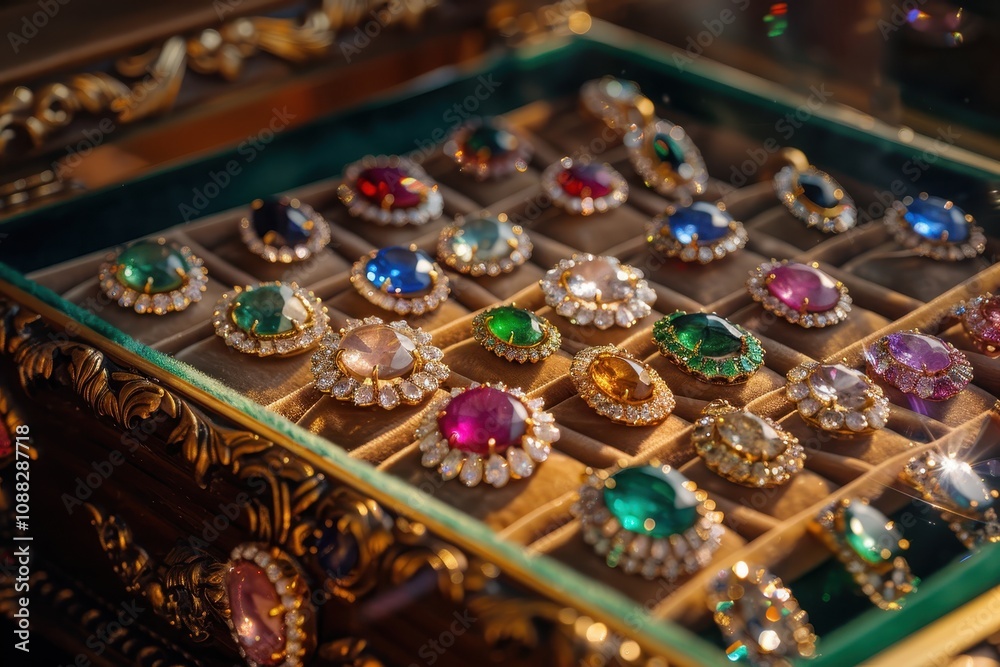 A beautifully arranged display of colorful gemstones and ornate jewelry pieces in a decorative box. A beautifully arranged display of colorful gemstones and ornate jewelry pieces in a decorative box.