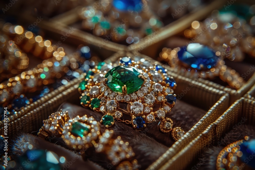 A stunning collection of intricately designed jewelry featuring vibrant gemstones set in gold, showcasing elegance and luxury.