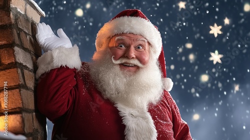 Jolly Santa Claus with a Big Smile Standing by a Chimney Under a Starry Night Sky, Spreading Holiday Cheer and Festive Joy to Everyone Around
