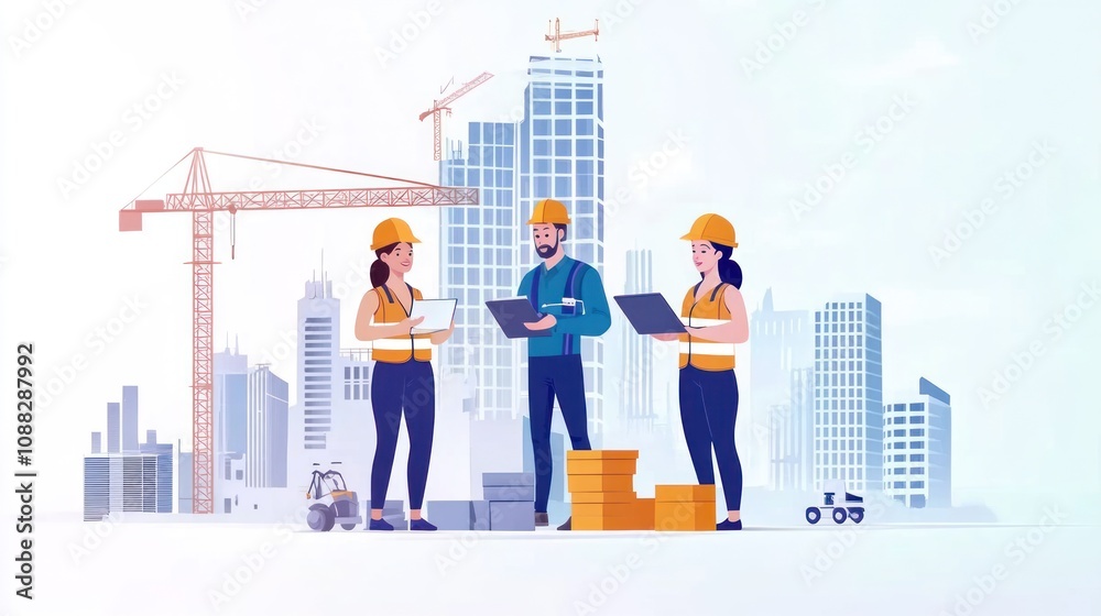 Construction engineering team, outdoors for building and architectural projects. Female and male contractors for development assessment discussion Construction engineering team, outdoors for building and architectural projects. Female and male contractors for development assessment discussion