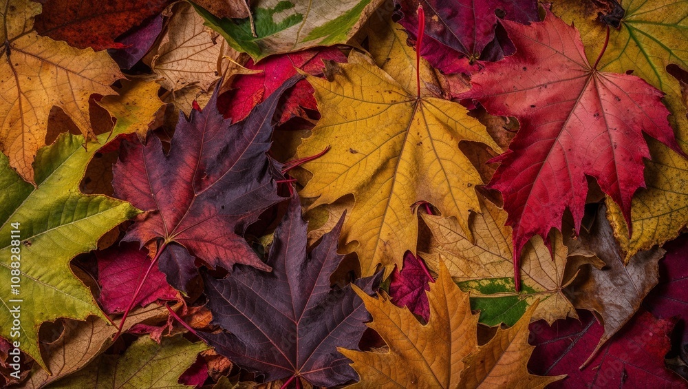 Close-up of colorful autumn leaves in various shades and textures on a surface Close-up of colorful autumn leaves in various shades and textures on a surface