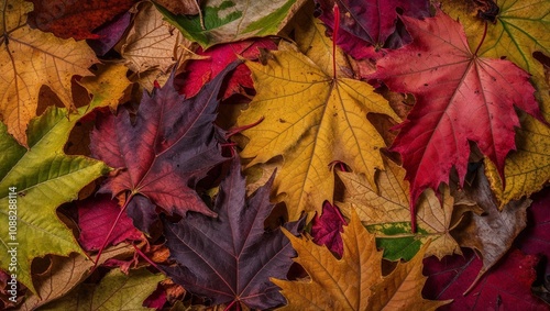 Close-up of colorful autumn leaves in various shades and textures on a surface