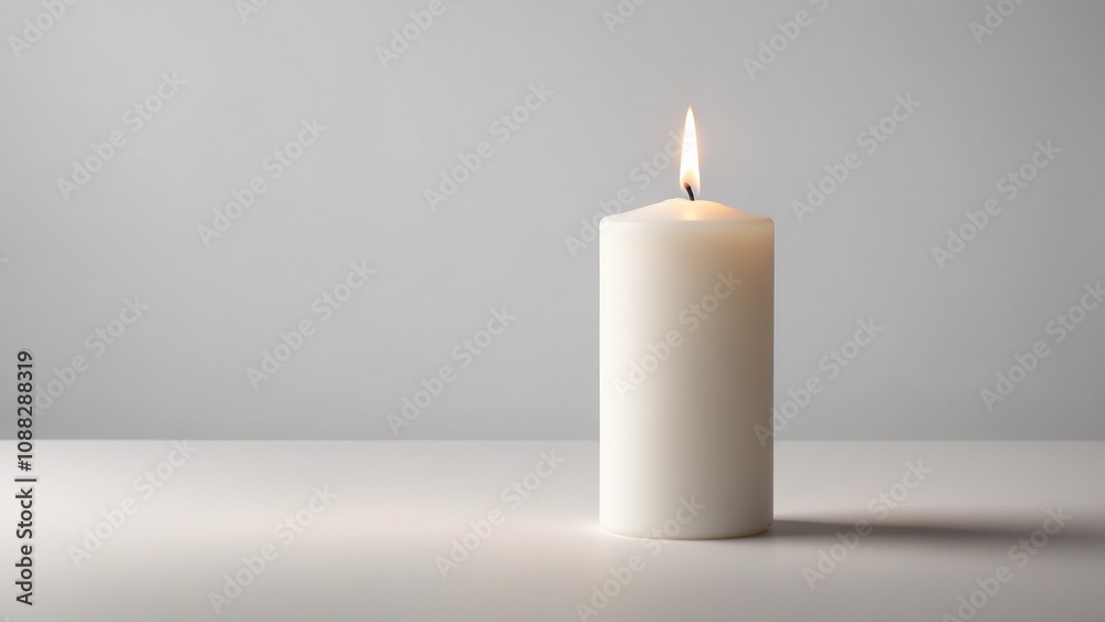 Simple white candle burning on a clean surface with a minimalistic light gray background and copy space Simple white candle burning on a clean surface with a minimalistic light gray background and copy space