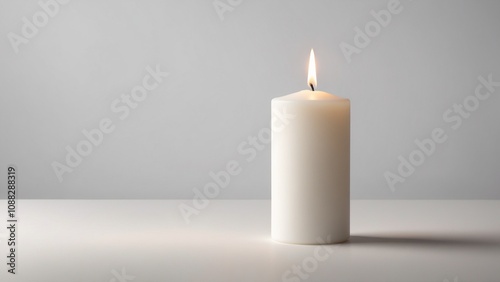 Simple white candle burning on a clean surface with a minimalistic light gray background and copy space