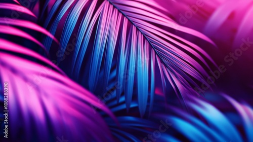 Tropical Leaf Summer Background: Blue and Purple Party Glow Colors, Exotic Jungle Palm Tree Leaves Toned for a Vibrant Look