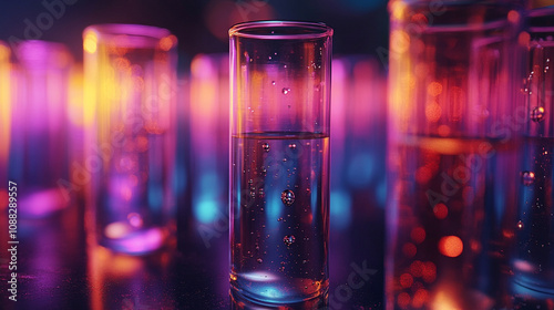 Close-up of a row of test tubes with liquid droplets inside highlighting scientific experimentation, research, and innovation in a laboratory setting