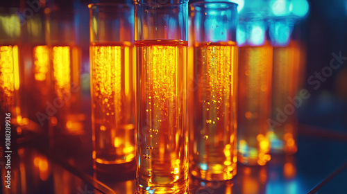Close-up of a row of test tubes with liquid droplets inside highlighting scientific experimentation, research, and innovation in a laboratory setting